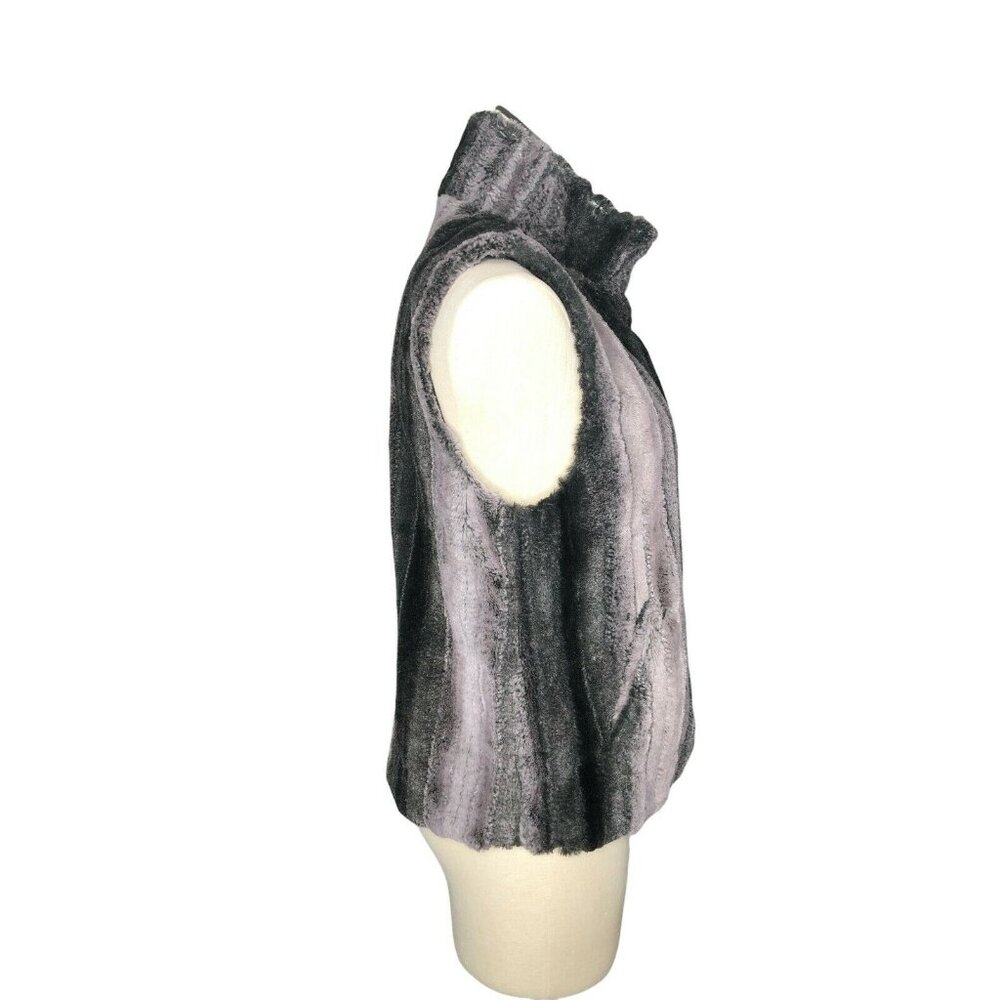 Cejon Faux Fur Vest Womens M Gray Black Hook n Loop High Collar Lined Pockets - Picture 3 of 10